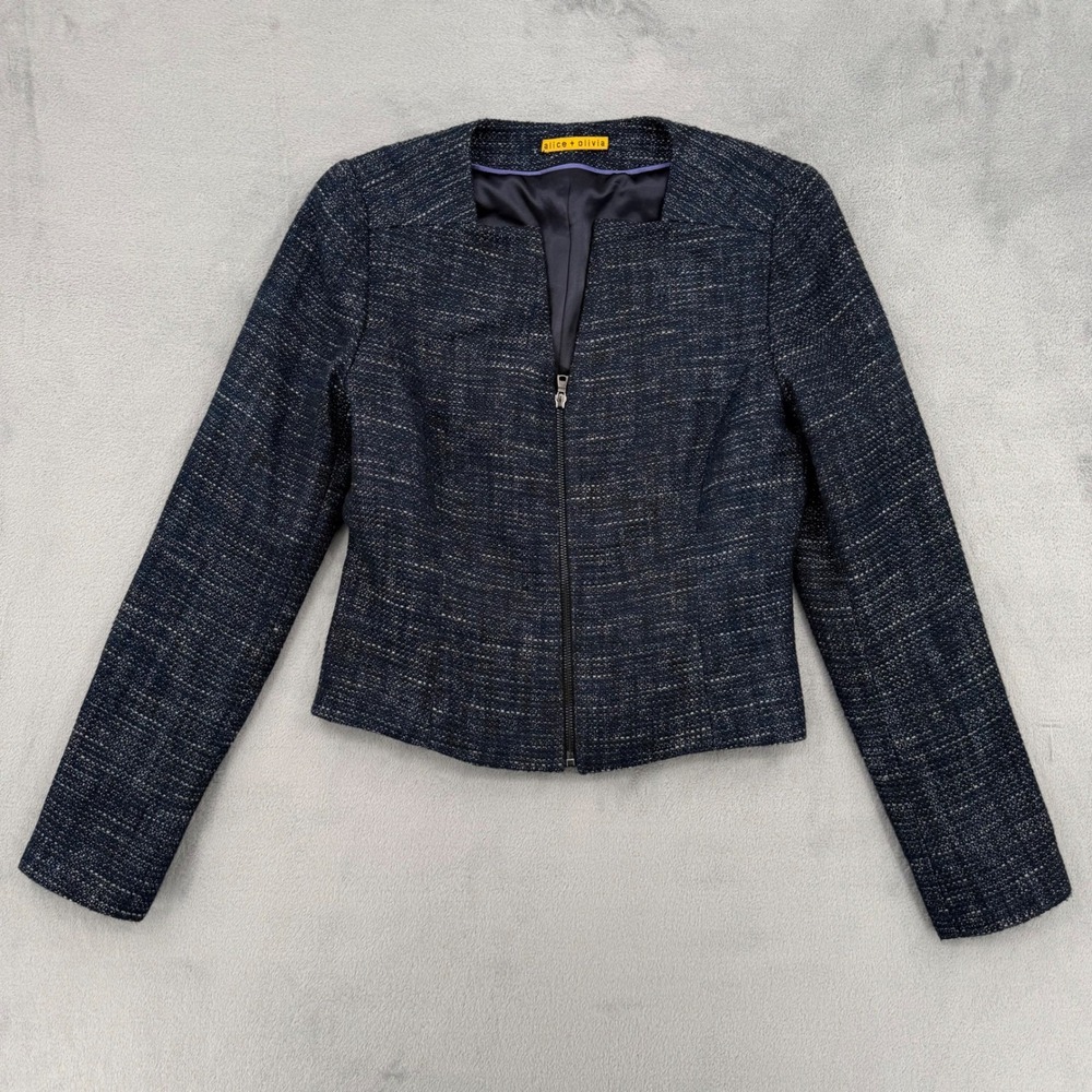 Alice Olivia Tweed Zipper Jacket Blaze‎ Navy Metallic Women's Sz Small 6 Read